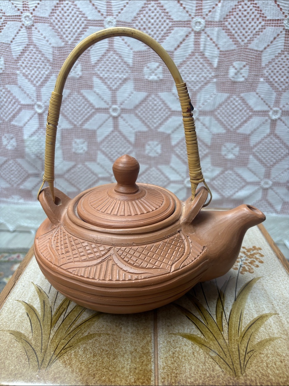 Handmade Terracotta Teapot w/ Woven Handle Boho Rustic Decor